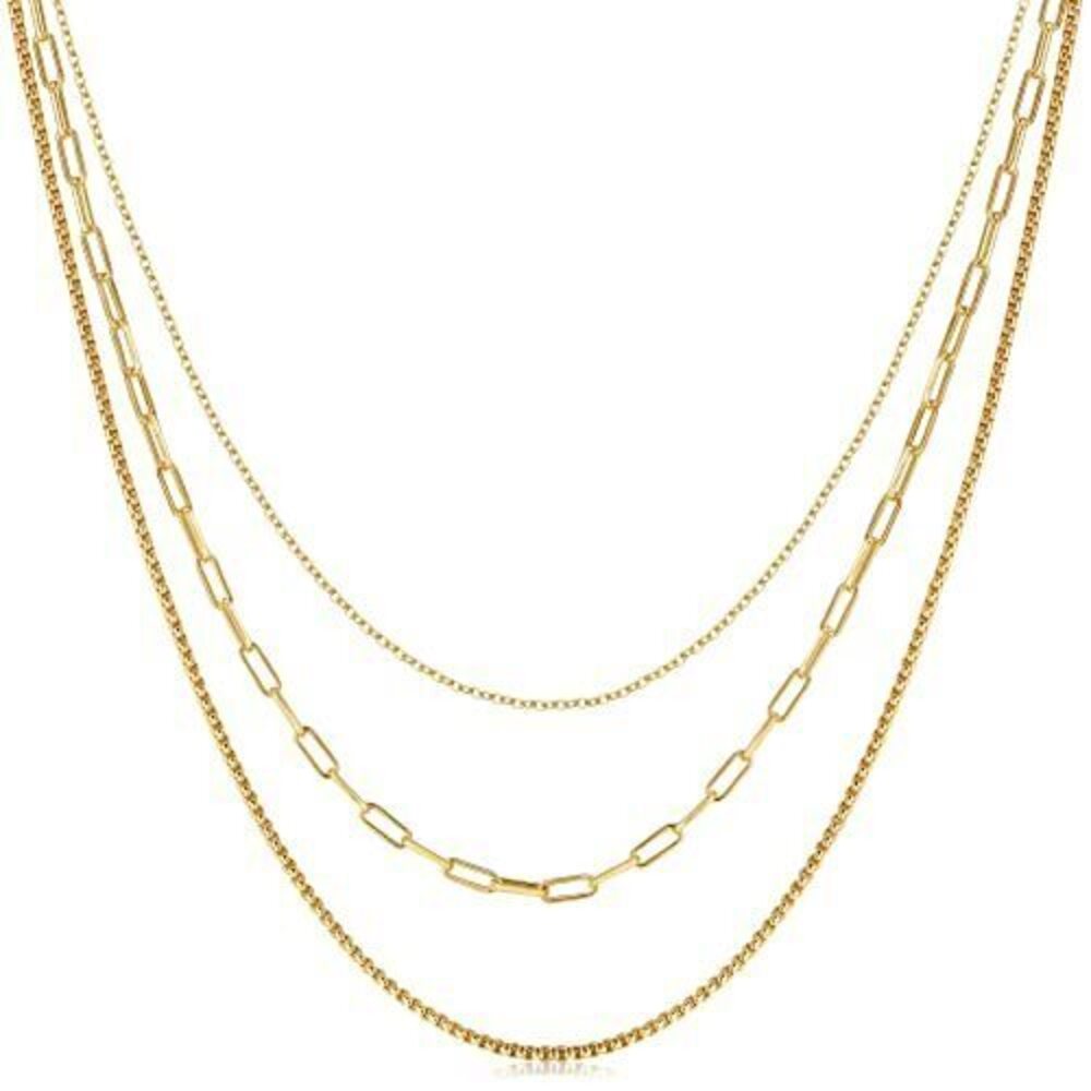 5144 3 Gold Layered Choker Necklace 18K Gold Paperclip Chain Necklace Sets
